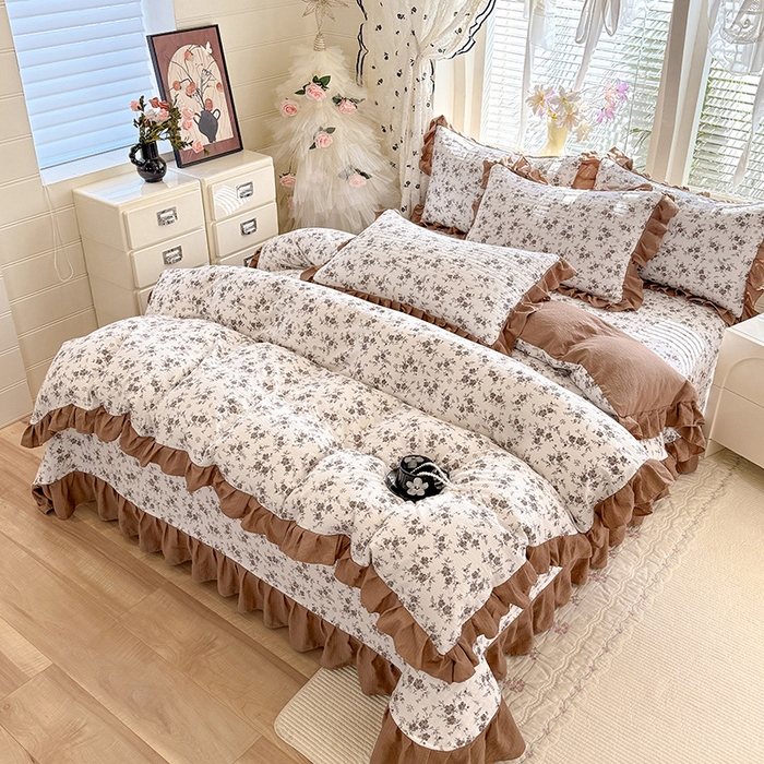 91家纺网 家纺一手货源 找家纺 唐人居 2026春夏新款皱皱水洗棉花边床盖四件套 花影