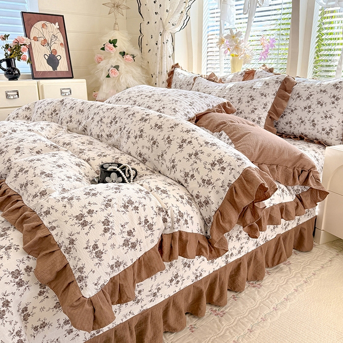 91家纺网 家纺一手货源 找家纺 唐人居 2026春夏新款皱皱水洗棉花边床盖四件套 花影