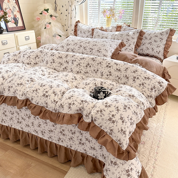 91家纺网 家纺一手货源 找家纺 唐人居 2026春夏新款皱皱水洗棉花边床盖四件套 花影