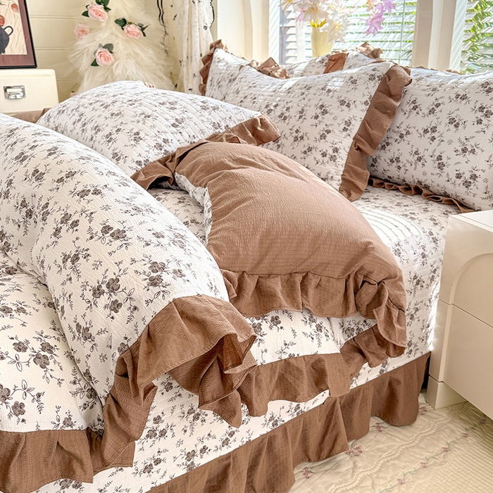 91家纺网 家纺一手货源 找家纺 唐人居 2026春夏新款皱皱水洗棉花边床盖四件套 花影