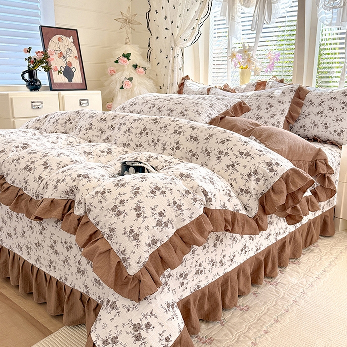 91家纺网 家纺一手货源 找家纺 唐人居 2026春夏新款皱皱水洗棉花边床盖四件套 花影