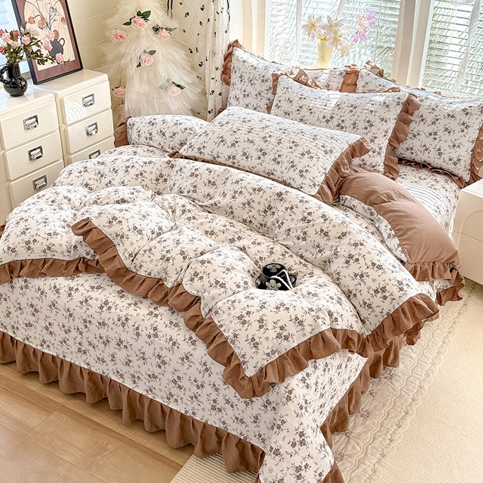 91家纺网 家纺一手货源 找家纺 唐人居 2026春夏新款皱皱水洗棉花边床盖四件套 花影