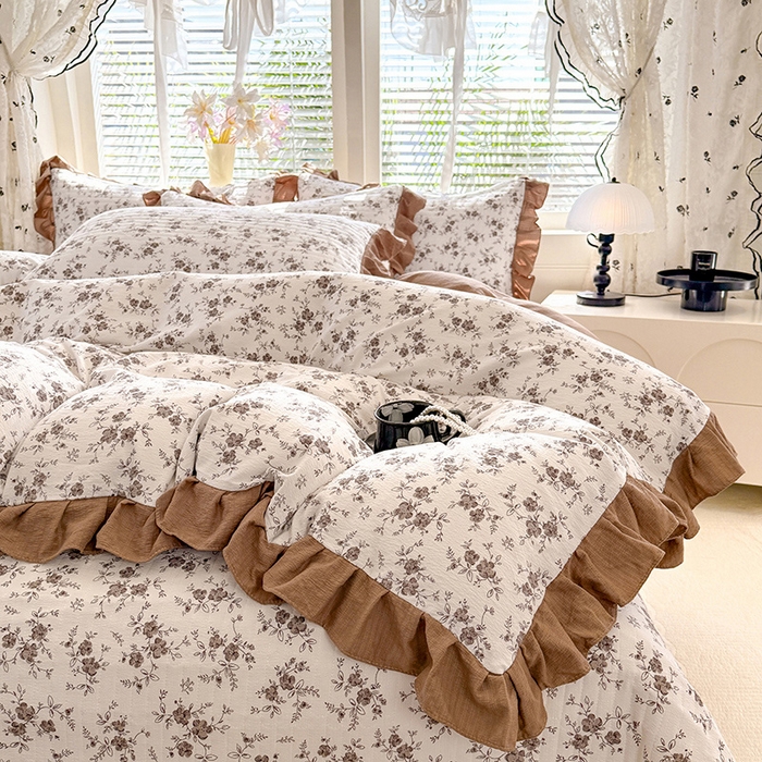 91家纺网 家纺一手货源 找家纺 唐人居 2026春夏新款皱皱水洗棉花边床盖四件套 花影