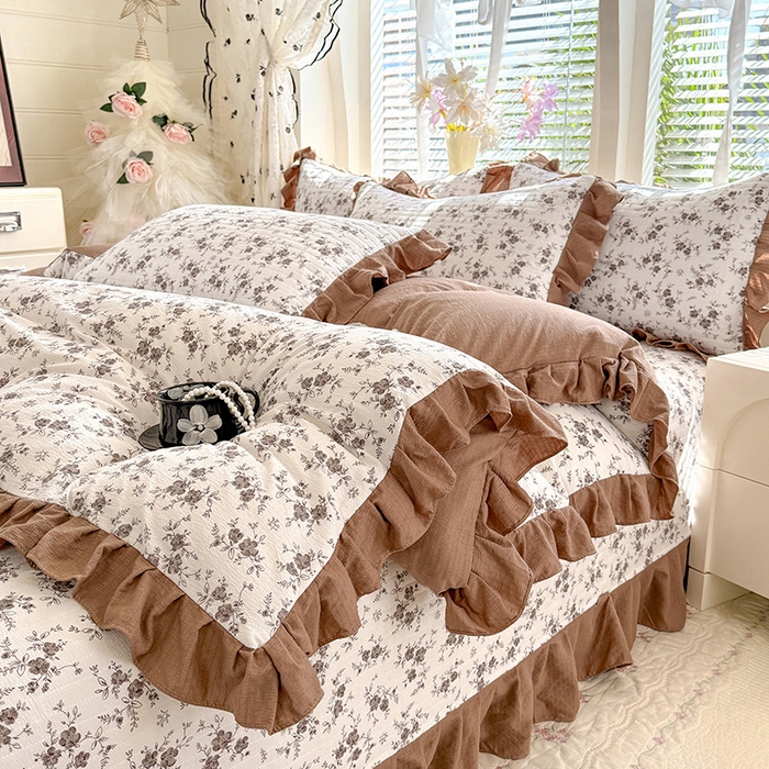 91家纺网 家纺一手货源 找家纺 唐人居 2026春夏新款皱皱水洗棉花边床盖四件套 花影