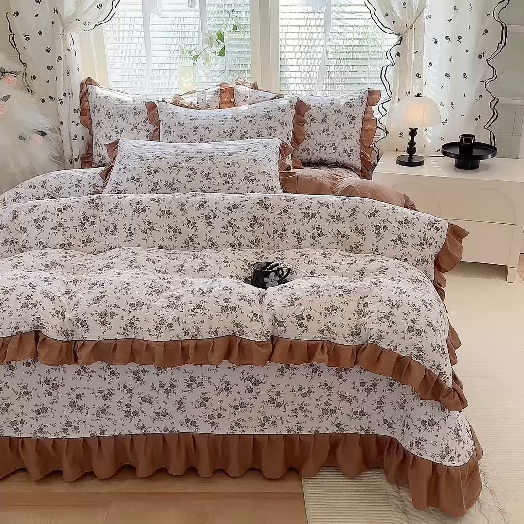 91家纺网 家纺一手货源 找家纺 唐人居 2026春夏新款皱皱水洗棉花边床盖四件套 花影