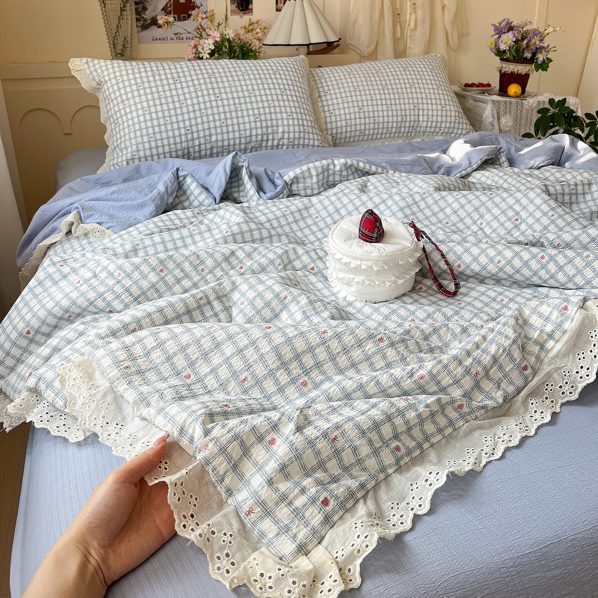 一比一家纺 2026新款彩色花边木棉皱皱纱夏被四件套 甜心格格