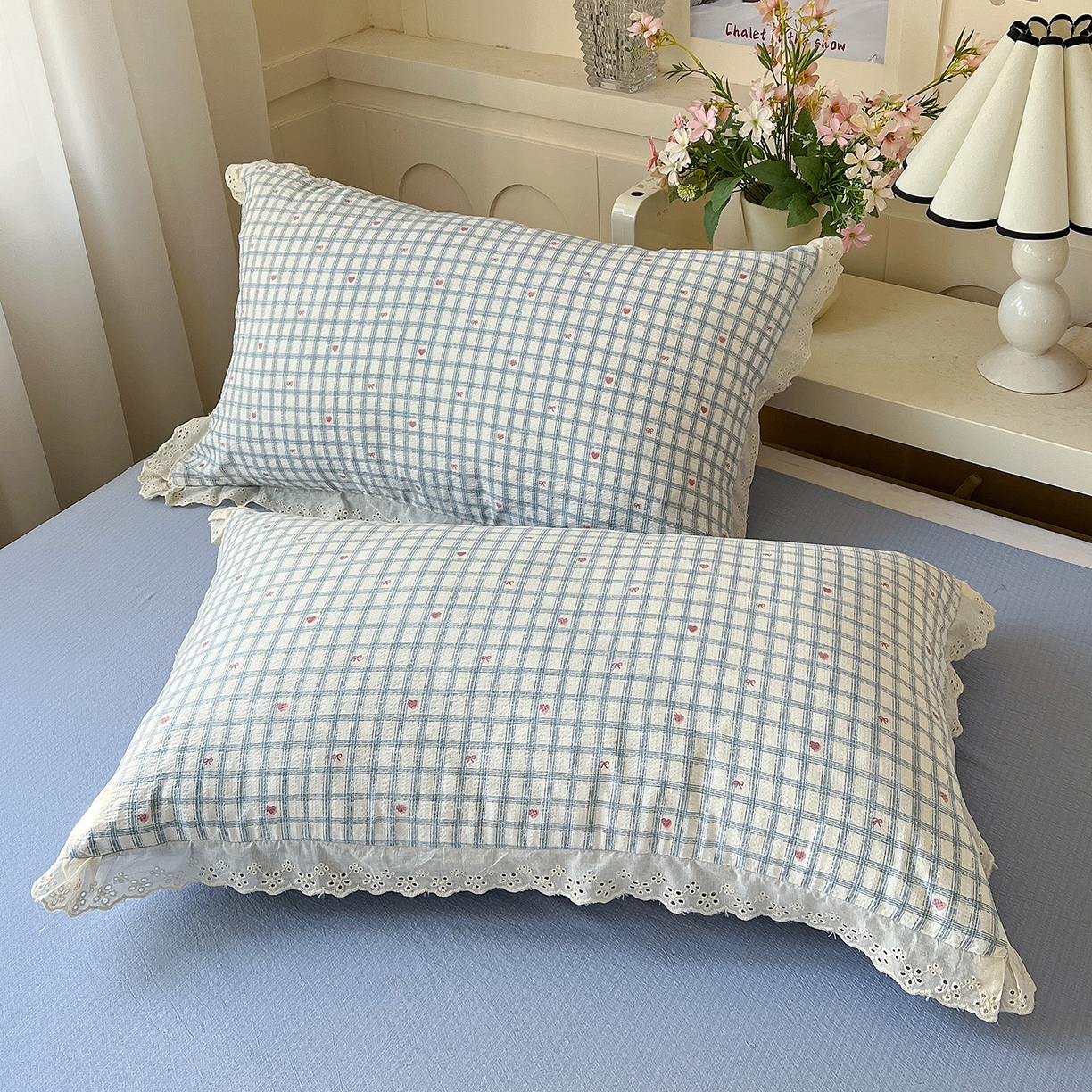 91家纺网 家纺一手货源 找家纺 一比一家纺 2026新款彩色花边木棉皱皱纱夏被四件套 甜心格格