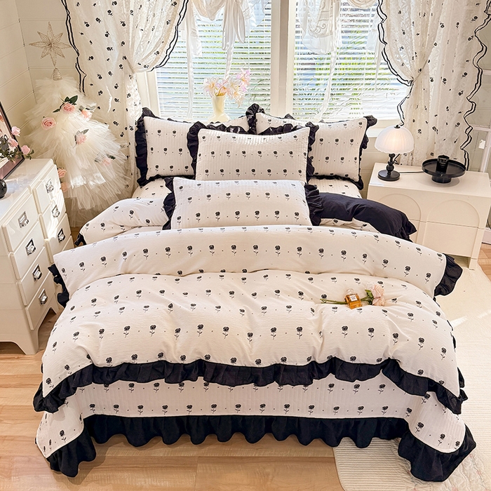 91家纺网 家纺一手货源 找家纺 唐人居 2026春夏新款皱皱水洗棉花边床盖四件套 卡地