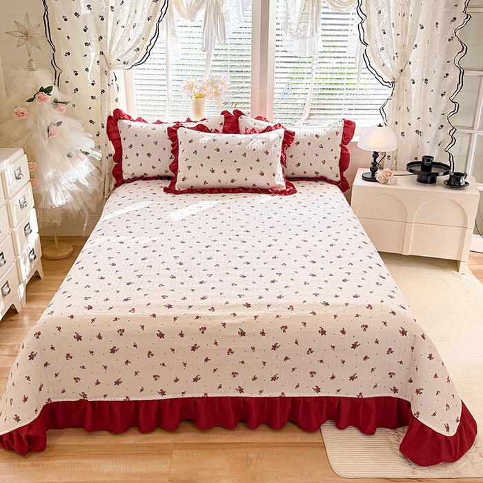 91家纺网 家纺一手货源 找家纺 唐人居 2026春夏新款皱皱水洗棉花边床盖四件套 玫瑰园