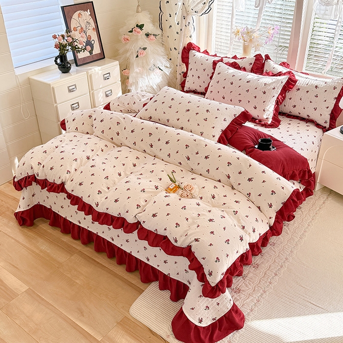 91家纺网 家纺一手货源 找家纺 唐人居 2026春夏新款皱皱水洗棉花边床盖四件套 玫瑰园