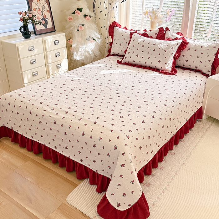 91家纺网 家纺一手货源 找家纺 唐人居 2026春夏新款皱皱水洗棉花边床盖四件套 玫瑰园