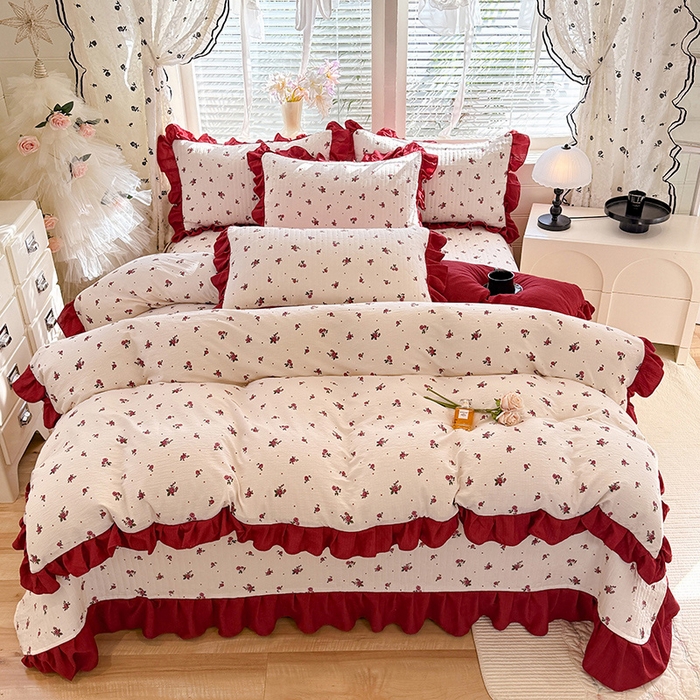 91家纺网 家纺一手货源 找家纺 唐人居 2026春夏新款皱皱水洗棉花边床盖四件套 玫瑰园