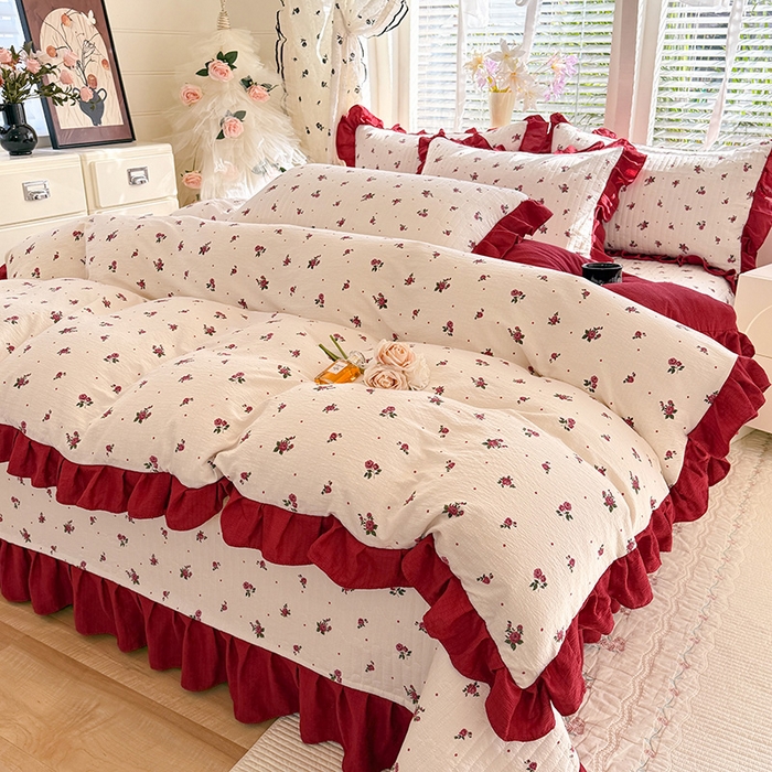 91家纺网 家纺一手货源 找家纺 唐人居 2026春夏新款皱皱水洗棉花边床盖四件套 玫瑰园