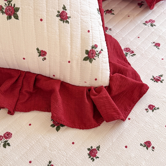 91家纺网 家纺一手货源 找家纺 唐人居 2026春夏新款皱皱水洗棉花边床盖四件套 玫瑰园