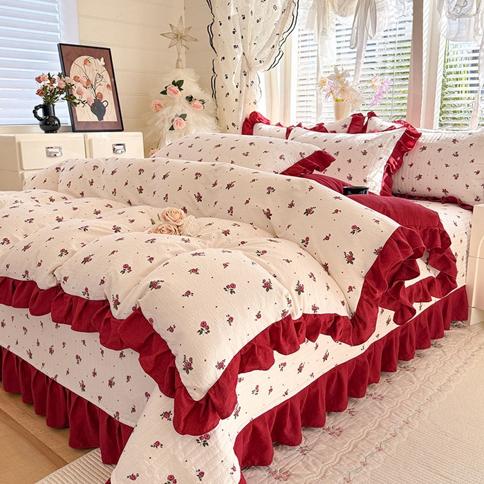 91家纺网 家纺一手货源 找家纺 唐人居 2026春夏新款皱皱水洗棉花边床盖四件套 玫瑰园