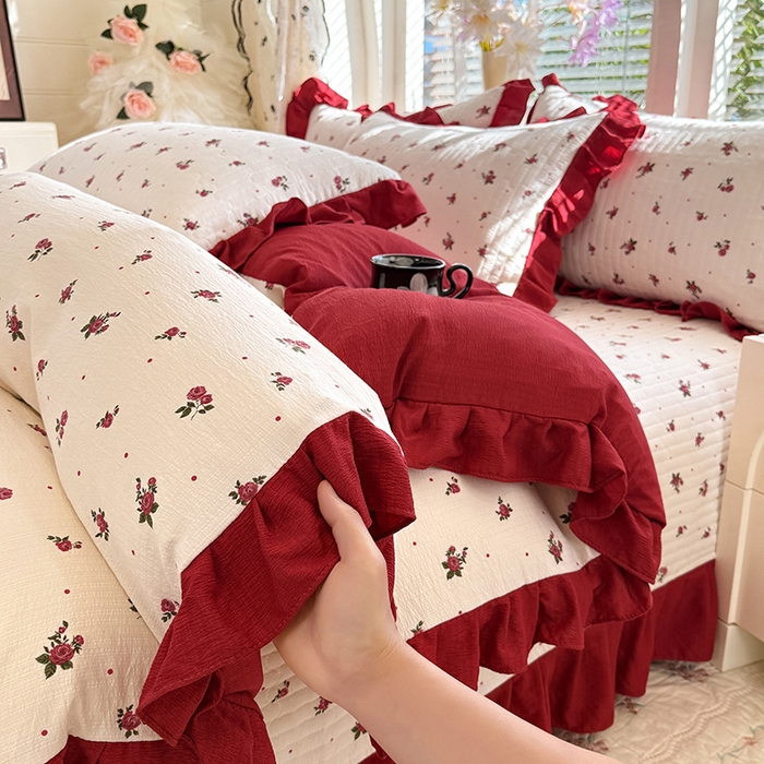 91家纺网 家纺一手货源 找家纺 唐人居 2026春夏新款皱皱水洗棉花边床盖四件套 玫瑰园