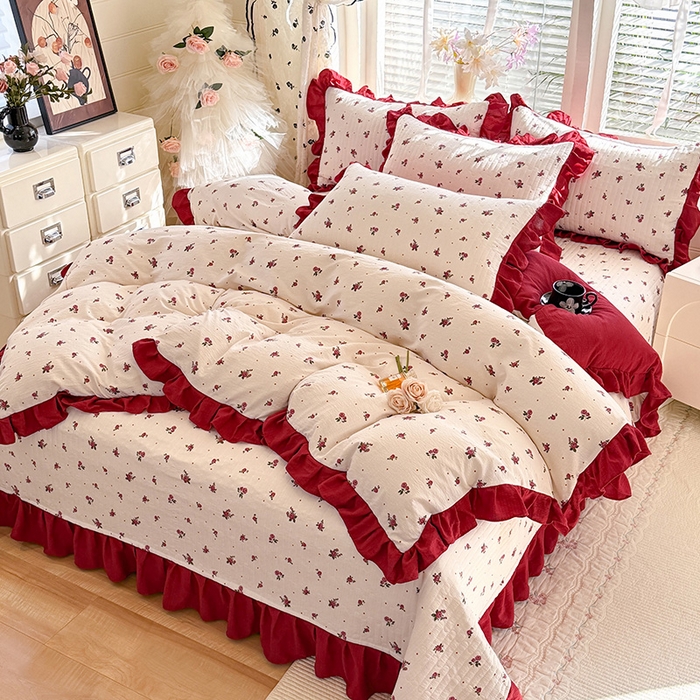 91家纺网 家纺一手货源 找家纺 唐人居 2026春夏新款皱皱水洗棉花边床盖四件套 玫瑰园