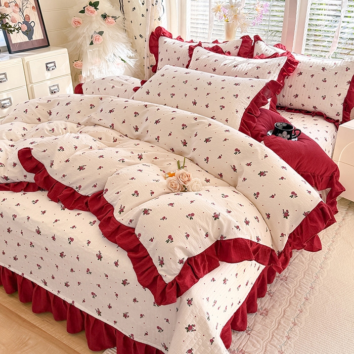 91家纺网 家纺一手货源 找家纺 唐人居 2026春夏新款皱皱水洗棉花边床盖四件套 玫瑰园