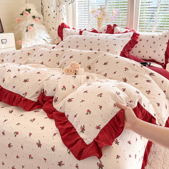 91家纺网 家纺一手货源 找家纺 唐人居 2026春夏新款皱皱水洗棉花边床盖四件套 玫瑰园