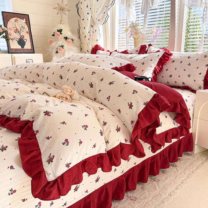 91家纺网 家纺一手货源 找家纺 唐人居 2026春夏新款皱皱水洗棉花边床盖四件套 玫瑰园