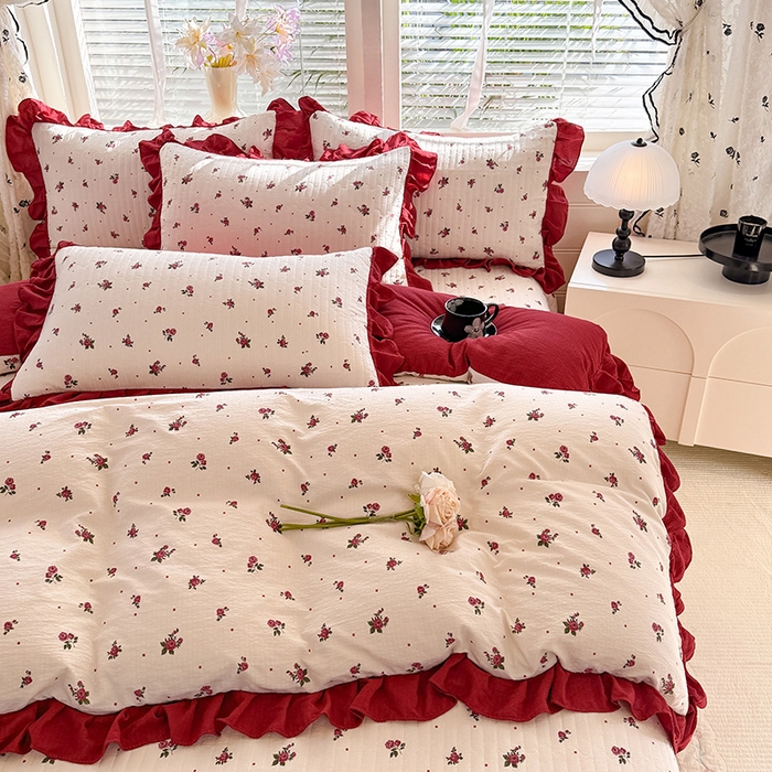 91家纺网 家纺一手货源 找家纺 唐人居 2026春夏新款皱皱水洗棉花边床盖四件套 玫瑰园