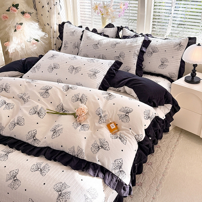 91家纺网 家纺一手货源 找家纺 唐人居 2026春夏新款皱皱水洗棉花边床盖四件套 柔心花影