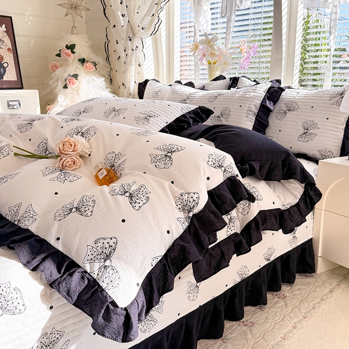 91家纺网 家纺一手货源 找家纺 唐人居 2026春夏新款皱皱水洗棉花边床盖四件套 柔心花影