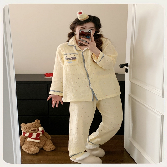 91家纺网 家纺一手货源 找家纺 （总）洛兰沙家居馆 26年带胸垫纯棉双层纱布月子服春夏季新款孕妇哺乳长袖套装