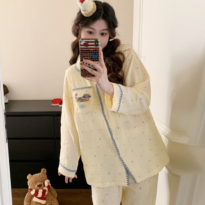 91家纺网 家纺一手货源 找家纺 （总）洛兰沙家居馆 26年带胸垫纯棉双层纱布月子服春夏季新款孕妇哺乳长袖套装