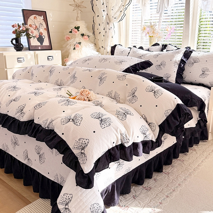 91家纺网 家纺一手货源 找家纺 唐人居 2026春夏新款皱皱水洗棉花边床盖四件套 柔心花影