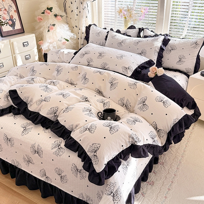 91家纺网 家纺一手货源 找家纺 唐人居 2026春夏新款皱皱水洗棉花边床盖四件套 柔心花影