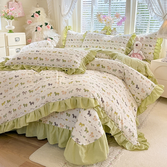 唐人居 2026春夏新款皱皱水洗棉花边床盖四件套 幸运小马