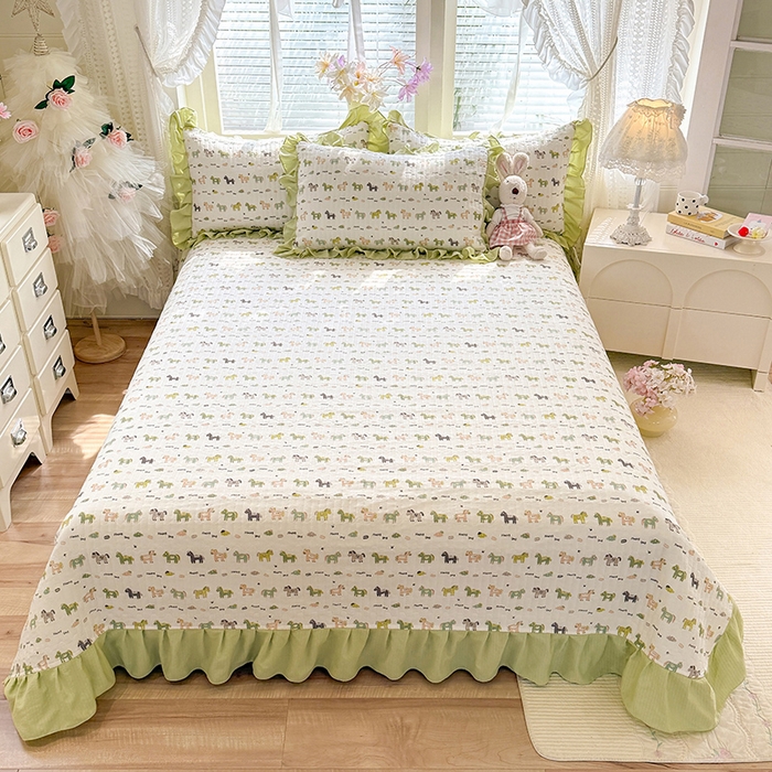 91家纺网 家纺一手货源 找家纺 唐人居 2026春夏新款皱皱水洗棉花边床盖四件套 幸运小马