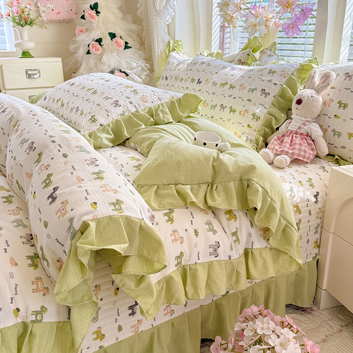 91家纺网 家纺一手货源 找家纺 唐人居 2026春夏新款皱皱水洗棉花边床盖四件套 幸运小马