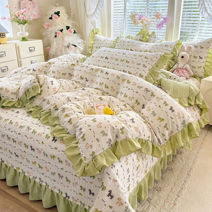 91家纺网 家纺一手货源 找家纺 唐人居 2026春夏新款皱皱水洗棉花边床盖四件套 幸运小马