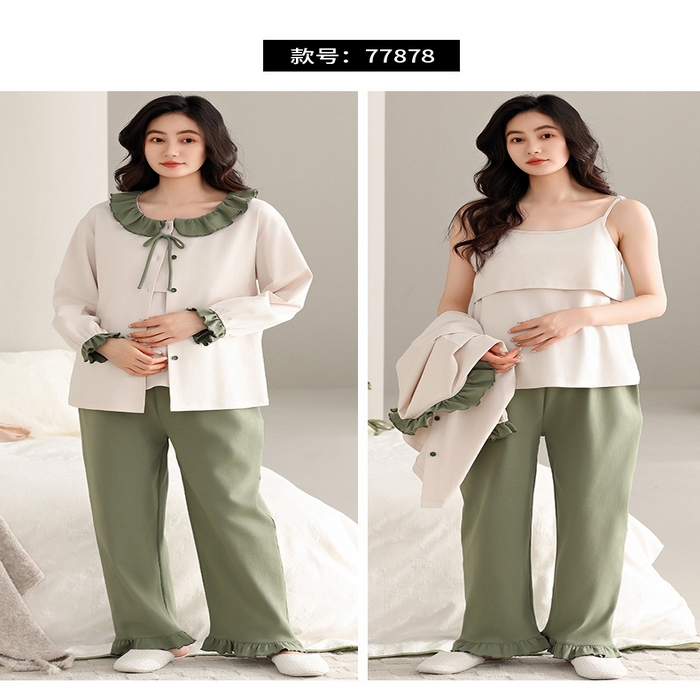 91家纺网 家纺一手货源 找家纺 （总）洛兰沙家居馆 批发春秋纯棉带胸垫月子服孕产妇待产坐月子清新甜美三件套装