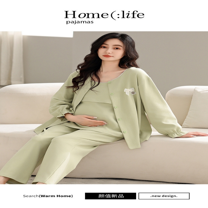 91家纺网 家纺一手货源 找家纺 （总）洛兰沙家居馆 批发春秋纯棉带胸垫月子服孕产妇待产坐月子清新甜美三件套装