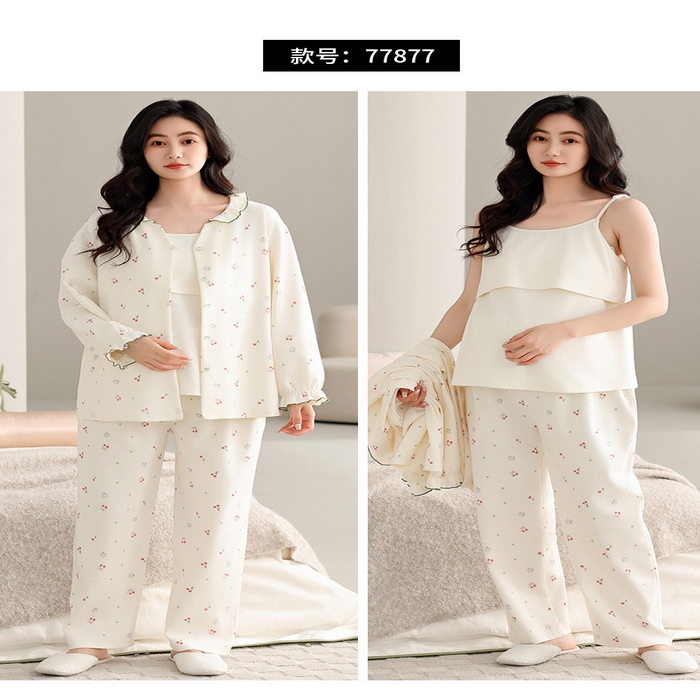 91家纺网 家纺一手货源 找家纺 （总）洛兰沙家居馆 批发春秋纯棉带胸垫月子服孕产妇待产坐月子清新甜美三件套装