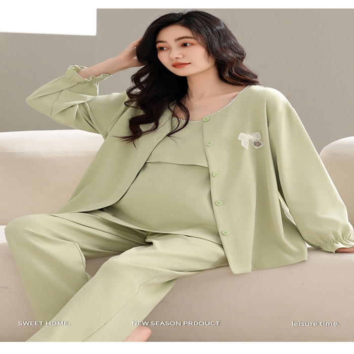 91家纺网 家纺一手货源 找家纺 （总）洛兰沙家居馆 批发春秋纯棉带胸垫月子服孕产妇待产坐月子清新甜美三件套装