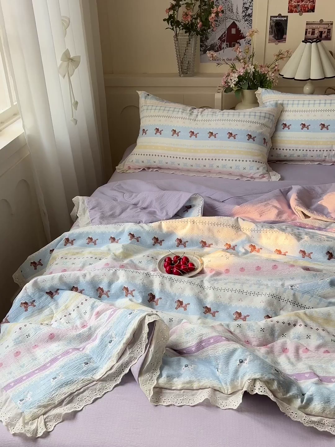 91家纺网 家纺一手货源 找家纺 一比一家纺 2026新款彩色花边木棉皱皱纱夏被四件套 小马驹