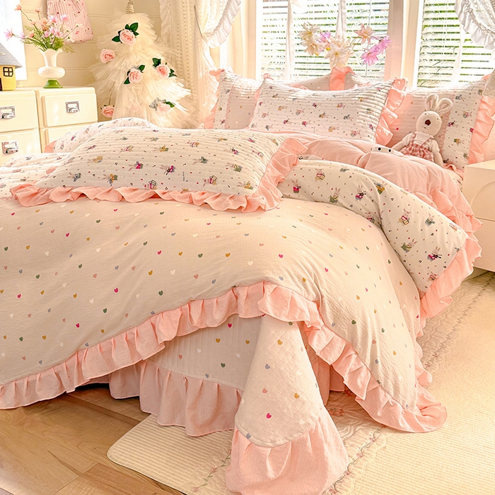 唐人居 2026春夏新款皱皱水洗棉花边床盖四件套 音乐派对