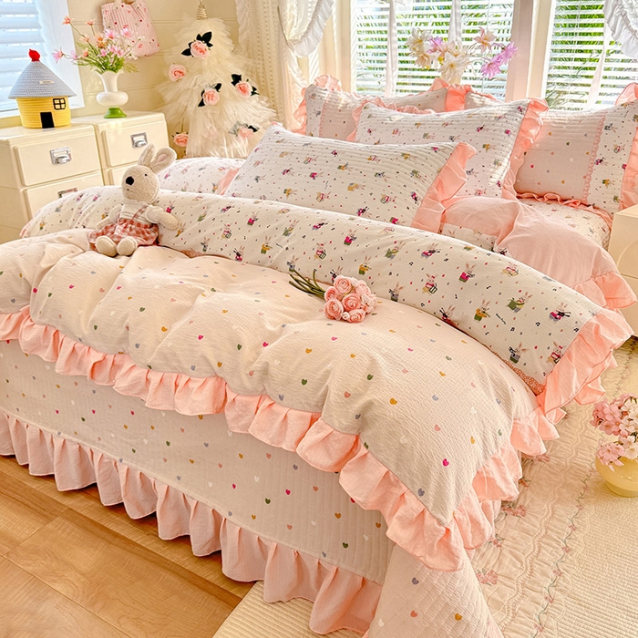 91家纺网 家纺一手货源 找家纺 唐人居 2026春夏新款皱皱水洗棉花边床盖四件套 音乐派对