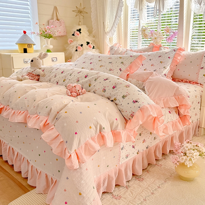 91家纺网 家纺一手货源 找家纺 唐人居 2026春夏新款皱皱水洗棉花边床盖四件套 音乐派对