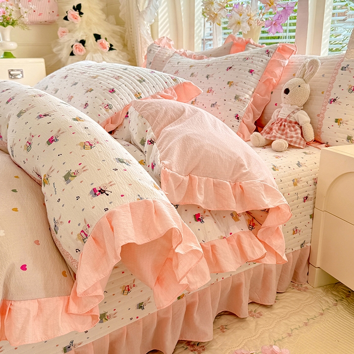 91家纺网 家纺一手货源 找家纺 唐人居 2026春夏新款皱皱水洗棉花边床盖四件套 音乐派对