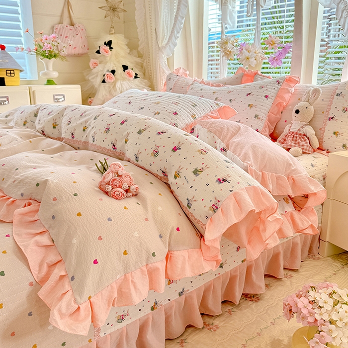 91家纺网 家纺一手货源 找家纺 唐人居 2026春夏新款皱皱水洗棉花边床盖四件套 音乐派对