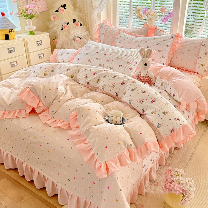 91家纺网 家纺一手货源 找家纺 唐人居 2026春夏新款皱皱水洗棉花边床盖四件套 音乐派对