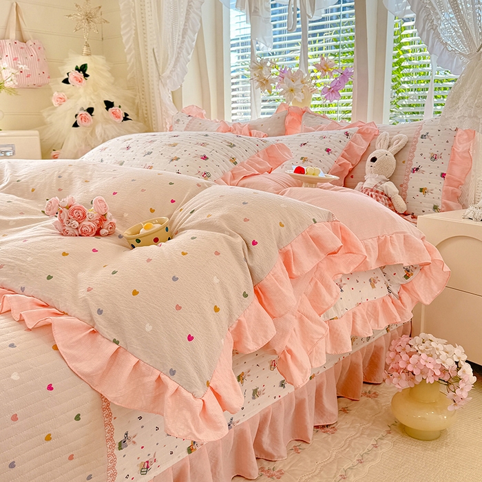 91家纺网 家纺一手货源 找家纺 唐人居 2026春夏新款皱皱水洗棉花边床盖四件套 音乐派对