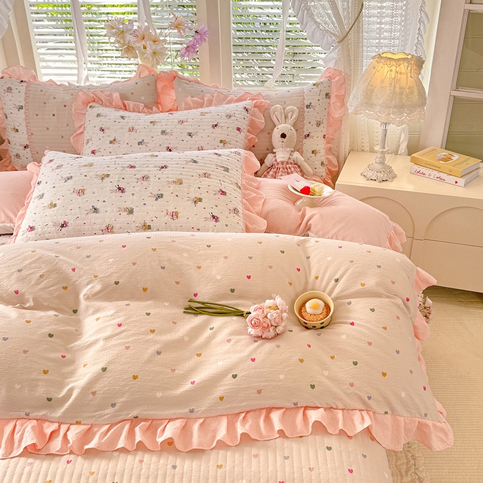 91家纺网 家纺一手货源 找家纺 唐人居 2026春夏新款皱皱水洗棉花边床盖四件套 音乐派对