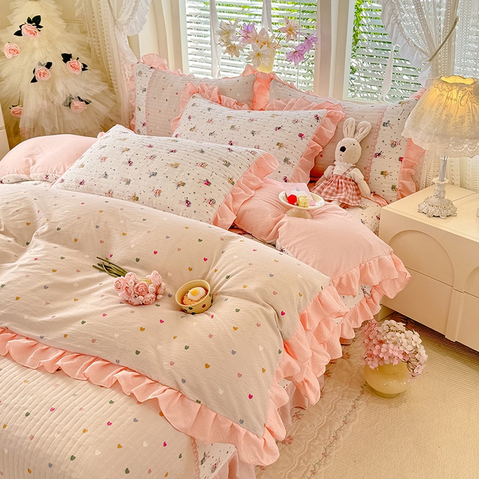 91家纺网 家纺一手货源 找家纺 唐人居 2026春夏新款皱皱水洗棉花边床盖四件套 音乐派对