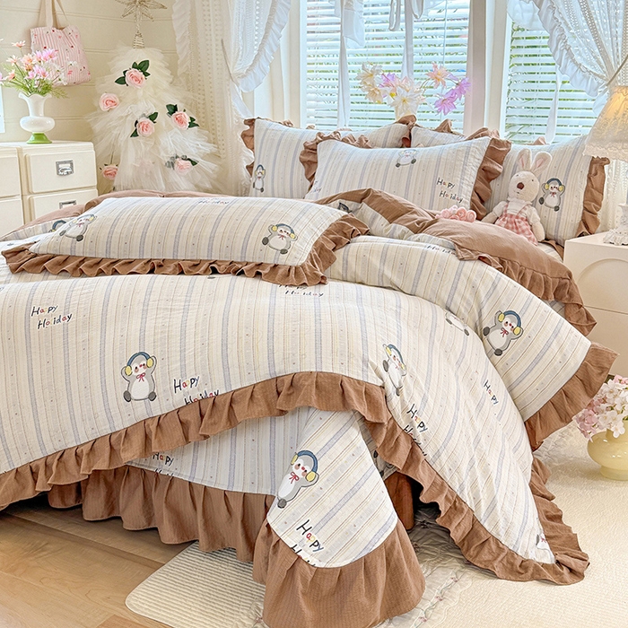 唐人居 2026春夏新款皱皱水洗棉花边床盖四件套 音乐企鹅
